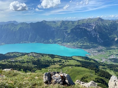 An elevated, wide-angle, daylight shot depicts a bright blue lake bordered by a verdant mountain range. The foreground is dominated by a rocky outcrop and grass. In the mid-ground, a village with scattered houses and trees is visible on a green hillside. The background features layered, blue-green mountains under a sky with scattered white clouds and a bright blue sky. This vista is a panoramic view of Axalp, Switzerland.