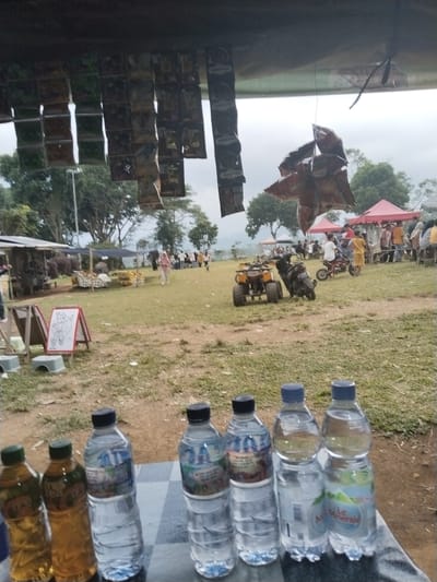 The image captures an outdoor scene, possibly a market or event, in Pagar Alam, Indonesia, given the presence of red tents and a generally rural landscape with distant hills. In the foreground, a collection of drinks is displayed on a surface, including several bottles of water, one with the label "Le Minerale", and two bottles of iced tea or similar beverages. Behind the drinks, a grassy area extends, populated with various elements. Several small stalls or stands are visible, some with awnings and displays. A child's drawing on an easel is placed near the foreground stalls. Further back, there are ATVs and motorcycles, some of which appear to be for rent or use. A group of people are gathered in the mid-ground, some standing and observing, others interacting near the tents. In the background, lush green trees and vegetation dominate the landscape, with a cloudy sky overhead. Hanging from a structure in the upper part of the image are numerous small packets, possibly snacks or tobacco products, arranged in rows. The overall atmosphere suggests a lively daytime gathering in an open, natural setting.
