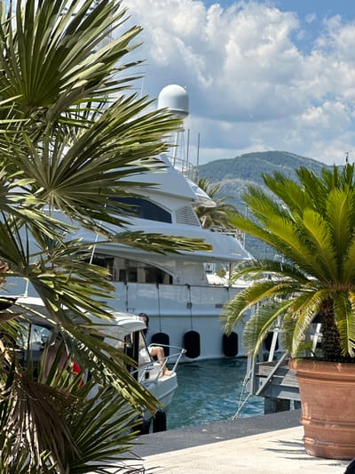 The image depicts a sunny day scene at the marina in Donja Lastva, Montenegro, characterized by the presence of several large yachts and lush palm trees. In the foreground, palm fronds partially obscure the view of the water and the docked vessels.
The central focus of the image is a large, white yacht, its sleek design evident despite the partial obstruction. The yacht appears to be moored at the marina, with fenders visible along its side, suggesting it is safely docked. A smaller boat is positioned in front of the larger yacht, also appearing to be at anchor or moored.
Several people are visible on the deck of the smaller boat, one individual is seated on the edge, while another is partially visible behind a windshield. The water in the marina is a vibrant blue, reflecting the clear sky above, which is dotted with fluffy white clouds. In the background, verdant hills rise, indicating the natural beauty of the Montenegrin coastline. A large terracotta pot containing a palm plant is visible on the right side of the frame, adding to the tropical ambiance of the scene. The overall impression is one of a serene and luxurious maritime setting.
