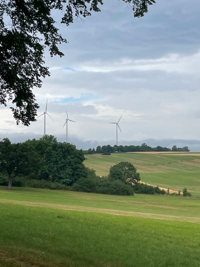 The image depicts a landscape with wind turbines in the distance. The scene is set in a rural area, likely in or near Maar, Germany, given the context provided. In the foreground, lush green grass covers rolling hills. A dense line of dark green trees runs across the mid-ground, creating a visual barrier between the foreground and the background. Behind the trees, more rolling fields of green and a strip of golden-brown farmland are visible. Three white wind turbines, characteristic of wind farms, are spaced across the horizon, appearing somewhat distant. The sky above is overcast with a muted, cloudy appearance, suggesting a possibly overcast or hazy day. The overall impression is of a pastoral, somewhat subdued rural landscape featuring modern energy infrastructure.