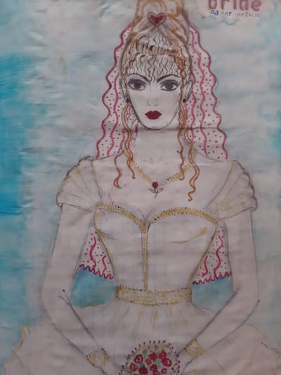 A watercolor and pencil drawing on grid paper depicts a stylized bride. The bride has long, curly, reddish-blonde hair pulled up high with a heart-shaped adornment at the front. She wears a white wedding dress with a sweetheart neckline, puffed sleeves, and a gold-trimmed belt. Her eyes are large and expressive, and her lips are painted red. A veil with pink polka dots and red wavy lines cascades down the sides of her head. She is holding a bouquet of red flowers with green leaves. The background is a wash of light blue and white, suggestive of sky or water. Text at the top right reads "bride" in pink, with smaller text below it that appears to be Russian or Cyrillic script. The grid lines from the paper are visible throughout the drawing. The image does not contain any identifiable landmarks or features that would allow for its location to be determined within the city of Semey, Kazakhstan.