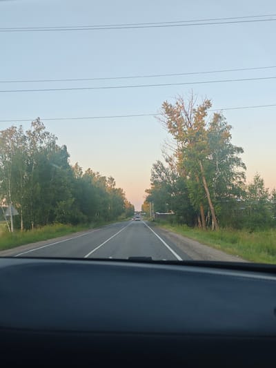 The image shows a view from inside a car driving on a paved road lined with trees. The sky is clear and a pale blue, suggesting it is either early morning or late afternoon. The sun is casting a warm, golden light on the trees, particularly on the right side of the road, indicating it might be nearing sunset.
The road has white lines marking the lanes. Several cars are visible in the distance, driving in the same direction. On the left side of the road, there is a grassy verge with a triangular road sign. The right side of the road also has a grassy verge with a line of trees, some of which are leaning significantly. In the background, there are hints of buildings or structures amongst the trees, suggesting a rural or semi-rural setting.
The foreground of the image is dominated by the dark interior of the car, specifically the dashboard. The overall scene evokes a sense of journey and peaceful travel through a natural landscape. The time of day is suggested by the soft lighting and the warm hues on the foliage. No text is visible in the image. The location context is Chekhov, Russia.