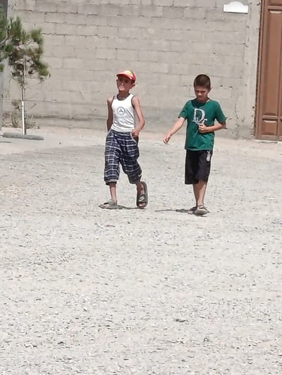 Two young boys are walking outdoors in front of a brick wall. The boy on the left, wearing a white tank top, dark and white striped capri pants, and a red baseball cap, is walking towards the viewer's left. The boy on the right, wearing a green t-shirt and black shorts, is walking towards the viewer's right. The ground is covered with gravel. A tree with sparse foliage is visible to the left of the frame. A brown wooden door is on the right side of the frame. The scene appears to be in the city of Obshoron, Tajikistan.