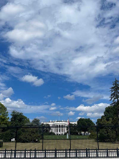 The image depicts the North Lawn view of the White House in Washington, D.C., United States, observed from outside its perimeter. In the foreground, a prominent black metal fence with vertical pickets and horizontal rails stretches across the width of the frame, resting on a concrete or stone base. Behind the fence, a manicured green lawn is visible, leading to the White House itself.
The White House, a white neoclassical building with a central portico featuring columns, dark windows, and a dark roof, occupies the midground. Two flagpoles are present: one taller pole on the lawn to the right of the building, flying an American flag, and another smaller flagpole on the building's roof, also flying a flag. Green deciduous and coniferous trees and shrubs line the perimeter behind the fence and flank the White House structure on both sides. A tall evergreen tree stands prominently on the far right. The upper two-thirds of the image consist of a clear blue sky sparsely populated with scattered white cumulus clouds. No individuals or discernible actions are present in the scene. The lighting indicates daytime conditions.