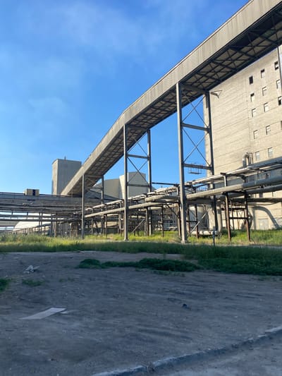 This image captures an industrial complex under a clear, bright blue sky, suggesting a daytime scene with good weather. The dominant structures are large, utilitarian buildings made of concrete and metal, indicative of a factory or processing plant. A prominent feature is a long, elevated conveyor belt system supported by a metal framework, stretching across the frame. This system appears to be part of the industrial process, possibly for transporting materials.

Numerous pipes and conduits run between the buildings, further emphasizing the industrial setting. The ground in the foreground is a mix of concrete and dirt, with patches of green grass growing along the edges of the structures and the pathway. A few small, dark objects are scattered on the ground, appearing to be debris or possibly small animals, but no people are visible.

The architecture is functional and stark, with repetitive window patterns on one of the larger buildings. The overall impression is one of scale and industrial activity, though the lack of visible human presence creates a sense of stillness. There is no visible text in the image. The location context provided, Poland, adds a geographical reference to this industrial landscape.