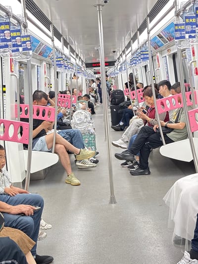 The photograph shows the interior of a subway car in China, specifically in the city of 龙溪街道. Several passengers are seated, with some looking at their phones. The subway car has pink seating with a metal handrail along the ceiling. Advertisements, some bearing the name "东大肛肠医院" (Dongda Intestine Hospital), hang from the handrail. Warning signs about hand pinching can also be observed. Suitcases can also be seen among the passenger's items.