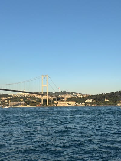 The image captures a panoramic view of the Bosphorus Strait, with the iconic Fatih Sultan Mehmet Bridge prominently featured. The bridge, a suspension bridge, spans the strait, connecting the European and Asian sides of Istanbul. Its massive concrete towers and suspension cables are clearly visible against a clear blue sky. The shoreline on the European side, within the district of Beşiktaş, is lined with buildings, ranging from residential structures to what appear to be institutional or historical buildings. Lush green trees and vegetation cover the hillsides behind the buildings, indicating a vibrant natural landscape. The water of the Bosphorus is a deep blue, with gentle ripples suggesting a calm day. A few small boats are visible on the water, adding a sense of activity to the scene. One boat, a white motorboat, is moving towards the left side of the frame. The overall impression is one of a majestic urban landscape integrated with natural beauty, under a bright, clear sky.