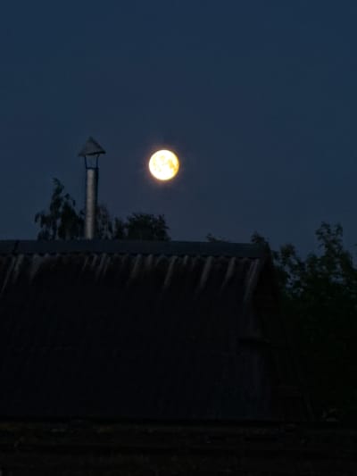 The image, oriented vertically, captures a moonlit night scene. A large, bright, yellowish-orange full moon dominates the left side of the frame against a dark, deep blue night sky, which shows some visible grain. On the right side, a dark, silhouetted structure, likely a building or shed, occupies a significant portion of the frame. Its dark silhouette reveals a textured surface, possibly corrugated metal or weathered wood, catching minimal light.
Protruding from the roofline of this structure and extending towards the moon is a distinct, light-colored metallic vent or small chimney with an angular, arrow-like cap. Dark, indistinct silhouettes of tree branches and foliage are visible behind and partially obscuring the structure and also closer to the vent, adding to the nighttime ambiance. The scene is static, devoid of human activity or visible text. The overall impression is one of a quiet, peaceful night, likely in a rural or semi-rural setting, consistent with the given location context of Лабжанскі сельскі Савет, Belarus.