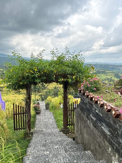 The image shows a pathway leading through a lush green environment with a distant view of terraced rice fields under a cloudy sky. In the foreground, a stone pathway, made of many small, rounded grey stones, descends from an arched wooden structure covered in dense green foliage and some yellow flowers. The pathway is flanked by a low, dark wooden fence on the left and a grey stone wall with red brick accents on the right. Several potted plants, including those with pink flowers, are placed along the pathway and on top of the wall. The background reveals the undulating landscape of Penebel, Indonesia, characterized by vibrant green rice paddies and scattered buildings, all under a dramatic, overcast sky. No people are visible in the scene.