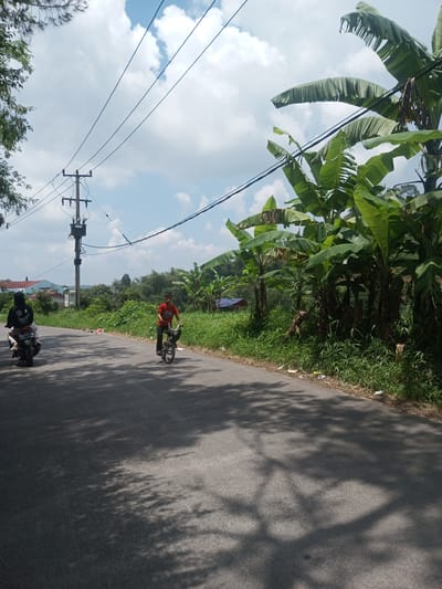 The image shows a road in Xayabury District, Laos. On the left side of the road, a person wearing a black hooded jacket is riding a scooter, while another person in a red shirt is riding a bicycle further ahead. Power lines run overhead, supported by a utility pole on the left side of the road. The road is surrounded by lush vegetation, including banana trees on the right side. Litter is scattered along the road edge. The sky is partly cloudy. Shadows from trees are cast on the road surface.