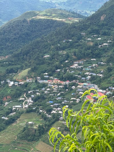 The image displays a high-angle panoramic view of a densely vegetated mountainous valley, specifically identified as Tu Le, Vietnam. The foreground is partially obscured by bright green, out-of-focus foliage belonging to an unidentified plant, indicating the vantage point is from an elevated position.
The mid-ground and background reveal a sprawling village settlement integrated into the undulating terrain. Numerous houses with various colored roofs (predominantly grey, red, blue, and green) are scattered across the green hillsides, some clustered more densely than others. A central section of the village features larger, more prominent buildings with yellow walls and bright red roofs, suggesting a community center or commercial area. Winding, narrow roads and paths connect different parts of the settlement, visible as light-colored lines against the green landscape.
Agricultural terraced fields, likely rice paddies, are carved into the slopes at various elevations, particularly in the lower-midground and further up the distant hillsides. Some terraces appear cultivated and green, while others might be fallow or newly prepared earth. Patches of reddish-brown earth are visible on some slopes, indicating areas of erosion or recent land disturbance.
The surrounding mountains are covered in thick, dark green forests. In the distant background, multiple layers of mountains fade into a light blue or hazy grey, suggesting atmospheric depth. A tall, slender communication or power tower is visible on a hillside in the upper-left quadrant. No people or active interactions are discernible within the frame. The overall impression is a remote, rural settlement harmoniously integrated into a lush, mountainous environment.