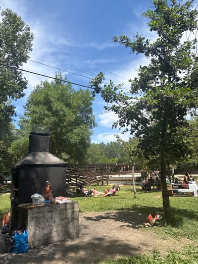 In a sun-drenched park in Campezo/Kanpezu, Spain, an outdoor scene unfolds with people relaxing and enjoying a summer day. A large, dark metal barbecue grill stands prominently in the foreground, situated on a concrete base and adorned with bags of charcoal, food items, and kitchen utensils. To the right, a lush green lawn is dotted with individuals lounging on chairs or blankets, some basking in the sun, others reading or conversing. A wooden bridge, stretching across a body of water, serves as a focal point in the midground, with people visible on and around it, suggesting it might lead to a swimming area or recreational zone. Trees with dense green foliage frame the scene, their leaves casting dappled shadows on the ground, and a clear blue sky with scattered white clouds presides overhead. The overall atmosphere is one of leisure and outdoor activity, typical of a warm day in a park.