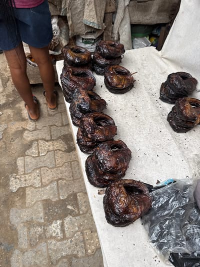 The image depicts a street market scene in Lugbe, Nigeria. A person, wearing blue shorts and sandals, stands next to a white cloth-covered surface displaying approximately 10 smoked fish. A plastic bag rests to the right of the fish. The ground is paved with patterned concrete blocks, some of which appear to be wet.