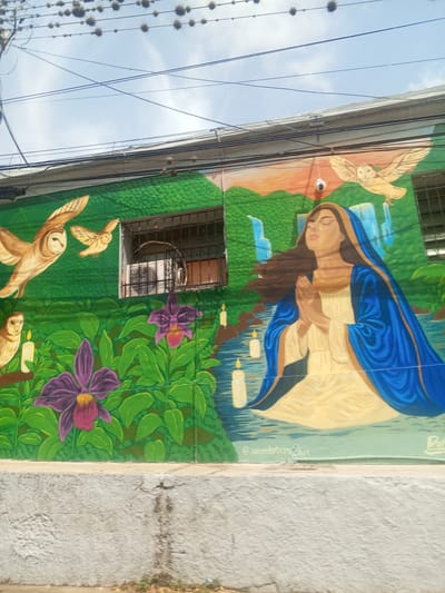 This image depicts a mural on the exterior of a building in La Asuncion, Venezuela. The mural features a religious theme, with a depiction of a woman, likely the Virgin Mary, in prayer. She is adorned in a blue robe and a white undergarment, with her hands clasped and eyes closed. The background of the mural is a vibrant green, suggesting a lush natural environment with trees and foliage. There are also elements of water, with what appears to be a stream or river flowing, and several lit candles placed around the scene. Two owls are also visible in the mural, one in flight and another perched, adding a naturalistic element to the religious imagery. In the upper portion of the image, utility wires are visible against a partially cloudy blue sky. The mural is painted on a building with windows, one of which is covered by a metal grate. The lower part of the image shows a concrete wall or sidewalk in the foreground, partially obscuring the base of the mural. The overall impression is of a colorful and spiritual artwork situated in an urban or semi-urban setting.