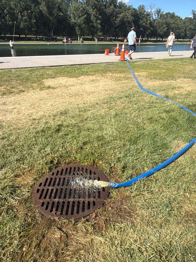 The image shows a section of the National Mall in Washington D.C., with the Reflecting Pool in the background. A blue hose is running across the grass, with one end spewing water into a storm drain. The grass around the drain is wet and muddy, indicating recent water flow. Several people are visible in the background, some walking along the edge of the pool and others in the water. There are also orange traffic cones and buckets near the pool, possibly related to ongoing maintenance or an event. The scene suggests a daytime setting with sunny weather.