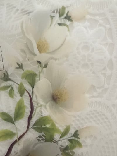 The image shows a close-up of a white floral pattern on a lace-like background. The flowers are rendered in soft, painterly strokes, with subtle yellow centers. Green leaves and a dark, winding stem are also depicted, adding depth and contrast to the composition. The overall impression is delicate and elegant. The image is a photograph of a textile, possibly a tablecloth, curtain, or piece of clothing. There is no information in the image to indicate its location in the city of Ushtobe, Kazakhstan.