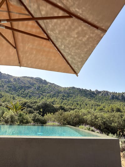 In Artà, Spain, an infinity pool with turquoise water sits in the foreground, its edge a textured gray concrete structure. A large, beige umbrella partially shades the scene, its wooden frame visible against a clear blue sky. Beyond the pool, a dense forest of green trees covers rolling hills, with rocky outcrops and sparse vegetation dotting the landscape. A single palm tree stands out among the foliage to the left. The overall impression is one of a serene, sun-drenched outdoor setting.