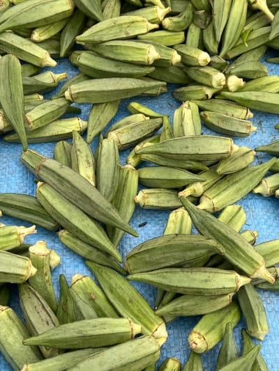 The image shows a pile of okra pods on a blue surface, likely a tarp or cloth. The okra pods are mostly green, with some showing variations in shade. There is no explicit evidence in the image to confirm a specific location in Egan, Nigeria. The scene consists only of the raw produce.