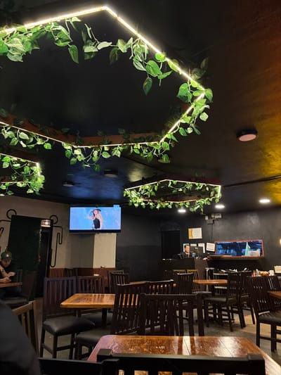 Dimly lit restaurant interior. Geometric light fixtures adorned with vines cascade down the black walls. Tables and chairs are visible, with a TV playing on a wall. The restaurant seems to be empty.