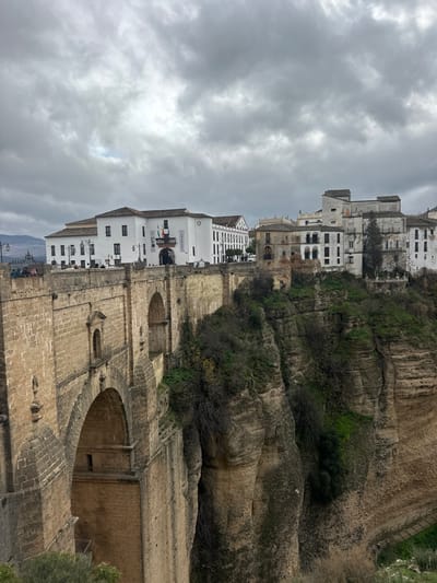 The image displays the Puente Nuevo bridge spanning the El Tajo gorge in Ronda, Spain, under an overcast sky. The bridge is constructed of light-colored, cut stone blocks, featuring multiple arches, with a prominent central arch containing a small, recessed rectangular window with a balcony. On the left side of the bridge deck, a streetlight is visible.

Buildings with predominantly white facades and red-tiled roofs are situated atop the cliffs on both sides of the bridge. On the left, a large, multi-story white building with a complex roofline features an ornate, dark balcony-style entrance, from which two flags (identified as Spanish and Andalusian) hang. This building is a significant structure, consistent with the Parador de Ronda. To its right, another multi-story white building extends. On the right side of the gorge, a cluster of older, somewhat weathered white and light-colored buildings with varying rooflines are positioned close to the cliff edge.

The deep gorge below exhibits steep, layered rock faces of a light brown/tan hue, with sparse green and brown vegetation clinging to crevices and ledges. A narrow, winding path is discernible along the gorge floor at the bottom right of the image, where additional green foliage grows. The sky is uniformly overcast with dense, grey clouds, providing diffused light. No identifiable individuals or vehicles are clearly visible on the bridge, within the buildings, or on the path below.