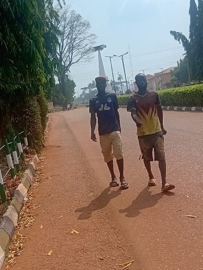 The image depicts two adult males walking on the right side of a reddish-brown paved road in Ayangba, Nigeria, under a bright, hazy sky.
The man on the left wears a dark blue t-shirt with white text, khaki-colored shorts, brown flip-flops, and a red cap. The man on the right wears a short-sleeved t-shirt with a brown, orange, and yellow chevron pattern, dark shorts, and light brown flip-flops. Both men cast prominent shadows to their front-right, indicating a light source behind and to their left.
To the immediate left of the road, a green metal fence with white vertical stripes borders a curb composed of grey and brown blocks. Beyond the curb, a dense line of green foliage is present. Further left in the background, a large, bare deciduous tree stands against the sky.
In the background, a tall, white, abstract monument or structure is visible. To its right are two modern multi-fixture streetlights. Further back, buildings with reddish roofs are discernible. The far right background features a continuous line of trimmed green hedges, separating the road from other structures or areas. The ground along the roadside contains scattered dry leaves.