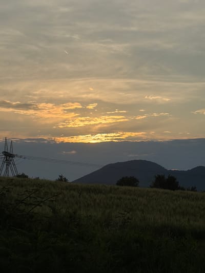 The image presents a rural landscape scene in Kamen Dial, Bulgaria, captured during either sunrise or sunset. The sky, occupying the upper two-thirds of the frame, features layered cloud formations. The uppermost clouds are diffuse and grey, while those closer to the horizon are brightly illuminated with vibrant orange, yellow, and golden hues, suggesting the sun's position behind a lower band of dark, horizontal clouds. A distinct, thin white contrail is visible in the upper-left quadrant of the sky.
A dark, undulating silhouette of mountains or large hills forms the distant horizon line. In the left midground, a prominent metal electricity transmission pylon is silhouetted against the brighter sky, displaying a lattice structure. Multiple dark power lines extend horizontally from the pylon across the image, traversing the field towards the right and disappearing behind the mountainous terrain. The foreground consists of a dark, low-lit field, exhibiting texture consistent with cultivated crops such as grain. Indistinct dark foliage and shrubbery are visible in the immediate foreground and sparsely within the field. Several dark, silhouetted trees are also present in the midground, near the base of the mountains. No human figures, animals, or specific man-made structures beyond the pylon are discernible. The overall lighting scheme places the foreground and mountains in deep shadow, emphasizing the dramatic illumination of the clouds.