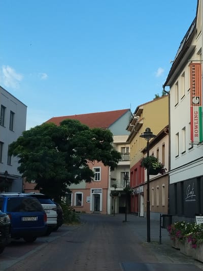 The image depicts a street scene in Strakonice, Czechia. On the right side of the street, a white building features a vertical banner with text including "GARANTSTAV" and "BOWLING". A lamppost with hanging plants is positioned in front of the building. Further down the street, other buildings of various colors and architectural styles are visible. On the left side, a large, dense green tree dominates the foreground, partially obscuring some of the buildings. Several cars are parked on the left side of the street. The sky is clear and blue with a few wispy clouds. The ground is paved with cobblestones. The overall impression is that of a quiet, urban street, possibly in the late afternoon or early evening.