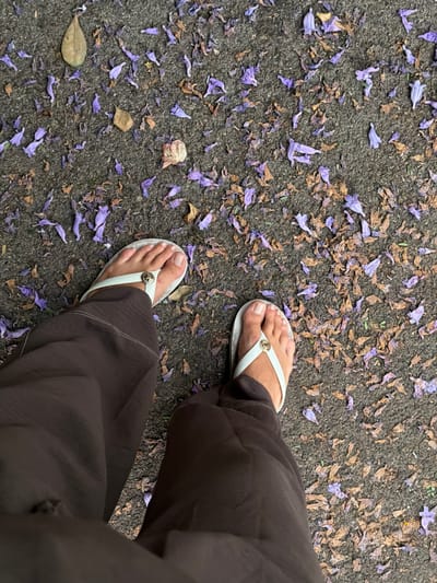 A top-down view shows a person's feet in white flip-flops and brown pants walking on a path covered in dried leaves and fallen purple jacaranda flowers. The ground appears to be asphalt, typical of a sidewalk or street. The lighting suggests an outdoor, daytime scene. The image does not contain specific landmarks or clues to confirm its location in Haifa, Israel.