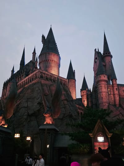 The image depicts a nighttime view of a large, imposing castle with multiple spires, illuminated by warm, reddish-orange lights. The castle is built on a rocky, mountainous foundation, and two large, sculpted dragon-like figures with outstretched wings are positioned on either side of the structure. In the foreground, there is a dark, leafy tree and a sign with the letter "M" at the top, below which is text in English and Chinese that reads "CAUTION!". To the left of the sign, there are several people standing, some wearing white shirts and dark ties, suggesting a uniform. One person on the far left is wearing a face mask. The sky is a muted gray, indicating twilight or an overcast evening. The overall scene evokes a fantasy or theme park setting, possibly a recreation of Hogwarts Castle from the Harry Potter series. The location is identified as Tongzhou District, China.