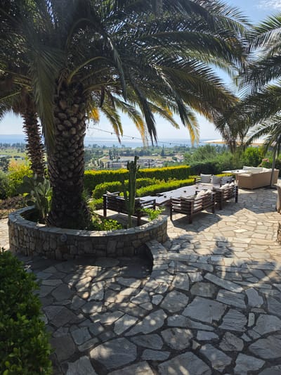 This media file depicts an outdoor seating area with a scenic view. The foreground is dominated by lush palm trees, with their fronds creating dappled shadows on a stone-paved patio. Several wooden benches and tables are arranged on the patio, some adorned with white cushions, suggesting a dining or lounging space. Beyond the seating area, a meticulously manicured hedge separates it from a valley below, where houses and greenery are visible. The distant background features a body of water, likely the sea, under a clear blue sky.
The scene evokes a sense of tranquility and relaxation, characteristic of a warm, sunny day, possibly in the late morning or early afternoon given the strong shadows. The location cues, such as the palm trees, the stone architecture, and the sea view, point towards a Mediterranean setting, consistent with Sithonia, Greece. There are no people visible in the media file, and no text is present. The overall impression is one of a peaceful retreat or a well-appointed outdoor venue designed for enjoying the natural beauty of the surroundings.