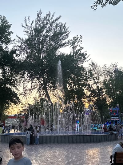 The image depicts a public park area in Manas, Kyrgyzstan, as indicated by the context. In the foreground, a young boy with dark hair is looking towards the camera, his face partially visible. Behind him, a large, multi-tiered fountain is active, with water spraying upwards and outwards, illuminated by colorful lights around its base. The fountain is surrounded by a dark-colored basin, and people are gathered around it, some observing the water, others interacting.
In the middle ground, there are several trees with dense green foliage, some of which are silhouetted against the bright sky. The sky is a pale blue, suggesting either early morning or late evening. There are also hints of a carnival or amusement ride in the background, with bright lights and a colorful structure. A path paved with brick-like material extends through the park. The overall scene suggests a lively public space with recreational activities.