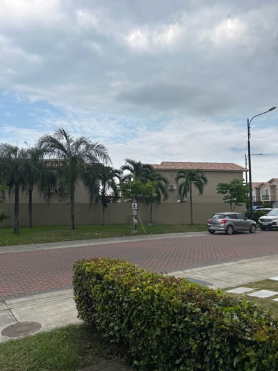 The image depicts a street in La Aurora, Ecuador. On the right side of the frame, there is a brick sidewalk bordered by a concrete walkway and grass. A large, rounded bush occupies the corner.
On the left side, a tall building with a light beige exterior and a red tile roof runs along the street. Several palm trees and one smaller tree are planted in the grass strip along the building. An air conditioning unit is visible mounted on the building wall.
Cars are parked along the street, including a gray hatchback. A street lamp is positioned near the top of the frame. The sky is filled with white clouds.