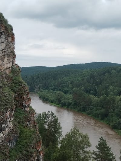 This is a high-angle, full shot of a rocky cliff face on the left, overlooking a wide, muddy river that curves through a dense, green forest under a cloudy sky. The cliff is textured with strata of gray and reddish-brown rock, with patches of green vegetation clinging to its surface. The river is calm with ripples visible on its surface. The forest stretches out to the horizon, with rolling hills covered in a variety of trees. The sky is overcast with gray clouds, suggesting a dim or impending weather event. The scene appears to be a natural landscape, likely a remote or protected area.