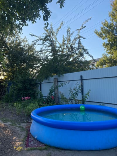 The image depicts an outdoor scene in Romny, Ukraine, featuring a blue inflatable swimming pool situated in a backyard. The pool is partially filled with water, and a single green ball floats on the surface. In the background, a light-colored metal fence runs horizontally across the frame. Lush green trees and bushes, some with pink roses, surround the pool and fence. Overhead, power lines are visible against a clear blue sky. The ground around the pool appears to be a mixture of dirt and grass, with a small patterned rug placed underneath a section of the pool. The overall impression is of a residential yard during daylight hours.