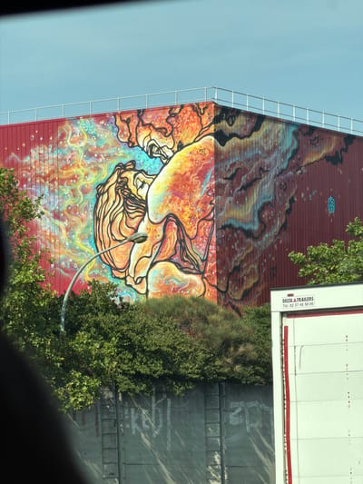 The image depicts a large, colorful mural painted on the side of a red corrugated metal building. The mural features an abstract design with swirling patterns of warm colors like orange, yellow, and red, interspersed with cooler blues and greens. In the center of the mural is a stylized depiction of a face or head, rendered in black lines with a warm, layered texture. The artwork appears to be vibrant and energetic.
To the left of the building, a section of a modern structure with reflective glass panels and metal framing is visible. Above the mural, a clear blue sky is seen. To the right of the building, lush green trees and foliage are present. A white trailer with the text "DELTA TRAILERS" and a telephone number "Tél. 02 37 48 50 00" is parked alongside the building. Further to the right, a paved area with concrete barriers and white markings on the ground is visible, suggesting an industrial or commercial setting. A streetlamp extends from the building, curving over the mural. The sunlight suggests it is daytime. The overall scene is an outdoor urban or semi-urban environment. The location is Rungis, France.