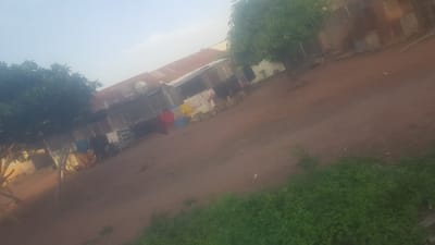The image shows a scene in Wukari, Nigeria, likely in a rural or semi-rural area. The setting is a dirt yard with some green vegetation in the foreground and to the right. In the background, there are several buildings with corrugated metal roofs, some appearing older and weathered. One building has a satellite dish. Clothes are hanging on a line between some of the structures, suggesting laundry is being done or has recently been done. There are also some large colorful buckets visible. Two trees with green foliage are prominent in the image, one on the left and one on the right, providing shade. The ground is a reddish-brown dirt. The sky is light, suggesting it could be morning or late afternoon, and the weather appears to be clear. There are no people clearly visible in the image. The overall impression is of a domestic scene in a warm climate.