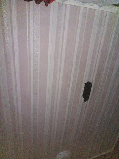 The image shows a close-up of a damaged ceiling with striped wallpaper in Vypasne, Ukraine. The wallpaper is light pink with alternating vertical stripes of white and a slightly darker pink, some of which appear to have a subtle glitter texture. There is a significant dark-colored hole or tear in the ceiling, approximately in the center-right of the image. The edges of the hole are irregular and appear to expose darker material underneath the wallpaper. In the upper portion of the image, a small section of what appears to be fabric, possibly red and dark brown, is visible hanging down. The overall lighting is dim, and the image has a grainy quality.