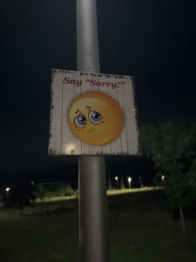 A weathered sign featuring a cartoonish yellow emoji with large, sad blue eyes and a downturned mouth is attached to a metal pole. The sign, made of wood with a distressed white finish, has the words "Say 'Sorry!'" printed in red above the emoji. The sign is positioned outdoors at night, with faint lights visible in the background suggesting a park or recreational area. The surrounding environment is dark, with the silhouette of trees and grassy areas visible. This image was captured in the city of Pravets, Bulgaria.