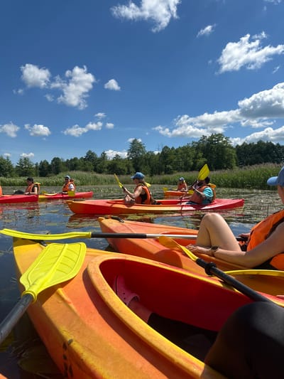 In this photograph taken on a sunny day, a group of individuals is engaged in kayaking on a calm body of water, possibly a lake or river, bordered by lush green trees and tall reeds. The water reflects the bright blue sky dotted with fluffy white clouds. Several kayaks, predominantly in orange and red, are visible, with some people actively paddling while others are positioned in their vessels. Most of the kayakers are wearing orange life vests and blue caps, suggesting organized activity. The foreground features the bright yellow paddle of a kayak, indicating a close-up perspective of one of the boats. The overall scene depicts a recreational outdoor activity in a natural, picturesque setting.