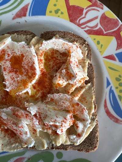 A close-up, high-angle shot depicts a piece of dark brown bread topped with hummus and what appears to be ricotta cheese or a similar creamy topping, sprinkled with paprika and drizzled with oil. The bread and toppings are situated on a plate with a multicolored pattern of red, yellow, blue, and green. The location is Urbanización Encinares De Alcolea, Spain.