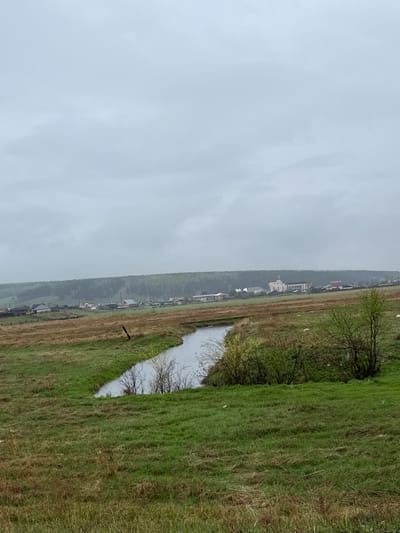 The image depicts a landscape on a cloudy day. A waterway, possibly a stream or narrow river, is visible with grassy banks on either side. The right bank features more lush, green vegetation. A row of buildings, possibly a small village or town, can be seen in the mid-ground, lining the horizon. The sky is overcast and grey. Based on the location data, this scene is likely within or near the city of Oyok, Russia. No people are visible.