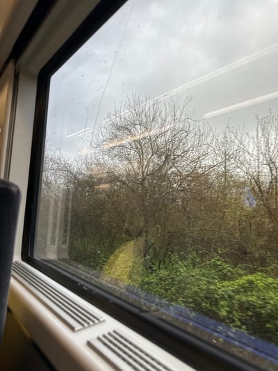 The image depicts a view through a window, likely on a train, with the outside landscape visible. The sky is overcast, and possibly rainy, judging by the droplets on the glass. In the background, there are bare trees and green foliage. It is impossible to confirm the location as ქალაქი ლანჩხუთი, Georgia from the visual information available. The foreground shows parts of the train interior, including the window frame, a seating area, and air vents.