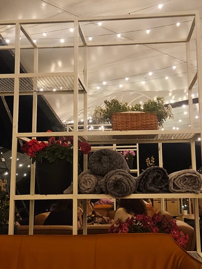 The image depicts an indoor scene with a rustic and decorative ambiance, likely a cafe or event space, with a hint of evening light. A white metal frame structure divides the space, with a backdrop of soft, glowing string lights against a white translucent material, creating a whimsical atmosphere.

On the left side of the frame, a woven basket filled with greenery and white flowers is visible, adding a touch of nature. Further into the scene, on the right, there are several rolled-up grey textured blankets stacked vertically, suggesting a cozy or lounge area. Next to the blankets, a cluster of vibrant red flowers adds a splash of color. In the background, wooden shelves are visible, and glimpses of people can be seen, some appearing to be seated. The overall impression is one of a welcoming and thoughtfully decorated space. The lighting suggests it could be late afternoon or early evening. The location context of Khotianivka, Ukraine, is provided, but there are no specific visual cues in the image to confirm this. No visible text is present in the image.