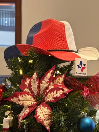 A Texas-themed Christmas stocking hangs on a lit tree, adorned with a red and white poinsettia. The stocking features the colors of the Texas flag, with a white upper portion, red middle, and blue lower part. A "Texas Products" tag is attached to the stocking. The Christmas tree is decorated with additional ornaments, including a blue sphere and a red ribbon bow.