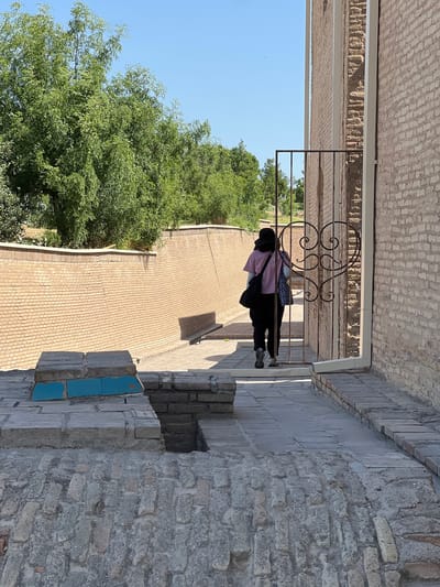 A person in a black hat, pink shirt, and black pants walks away from the camera through a decorative metal gate towards a brick building in Samarkand, Uzbekistan. The person is carrying two bags, one black and one patterned. The ground is paved with bricks. To the left, a brick wall runs along a pathway lined with trees. The sky is clear and blue.
