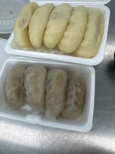 This is a top-down, close-up, forensic photograph of two white styrofoam takeout containers filled with food, resting on a brushed metal surface, likely a kitchen counter. The upper container holds five pale yellow, oval-shaped dumplings, possibly steamed buns or siu mai. The dumplings are tightly packed and appear soft with a slightly textured surface. A partially visible white plastic lid with a circular pattern is to the left of this container. The lower container holds four translucent, crescent-shaped dumplings, possibly har gow or crystal dumplings, with visible filling outlines. These dumplings are arranged in a row and have a slightly glossy appearance. The metal surface beneath the containers shows numerous fine scratches. The lighting is even, with no harsh shadows. The scene is devoid of any human presence or interaction. The specific location in Hwaseong-si, South Korea, cannot be determined from the visual information presented in the image.
