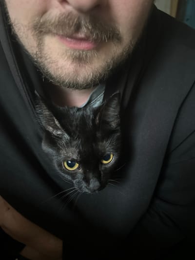 A close-up, overhead shot captures a black cat peeking out from a person's black hoodie. The cat's head is positioned in the center of the frame, with its bright yellow eyes looking directly at the camera. Only the cat's face and part of its ears are visible. The person's mouth and beard are visible at the top of the image, above the cat. The hoodie appears to be made of a dark, possibly cotton, material and creates a pocket for the cat. The background is dark and out of focus, suggesting an indoor setting. The scene is located in Ozeretskoe, Russia.