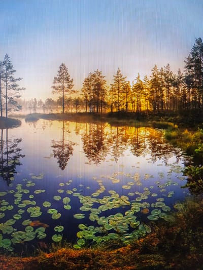 The image depicts a serene natural landscape, likely a bog or marsh, located in Vistino, Russia. The scene is bathed in the warm glow of a sunrise or sunset, with the sun’s rays filtering through a dense stand of coniferous trees that line the far bank of a calm body of water. The water’s surface acts as a mirror, reflecting the trees and the sky in a perfectly symmetrical display. Scattered across the water are numerous lily pads, their green surfaces adding pops of color to the tranquil scene. The foreground features dense, marshy vegetation, with dry grasses and darker, damp earth visible. The sky above transitions from a pale blue at the top to a soft orange and yellow near the horizon, indicating the time of day. There are no people or animals visible in the image, contributing to the overall sense of quiet solitude. The texture of the image suggests it may be a photograph of a screen, with visible pixelation.