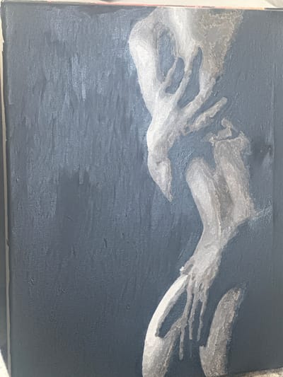 The image depicts an unfinished acrylic painting on canvas. The background is painted in a dark grey-blue hue with visible brushstrokes. Two or three abstract forms are present in the upper portion of the painting, rendered in a light grey-white gradient. The forms could potentially be interpreted as hands or bodies, but lack distinct features for conclusive identification. The overall style is abstract and the painting seems to be in the early stages of development. The location of Высокий, Russia is irrelevant to the subject matter of the image.