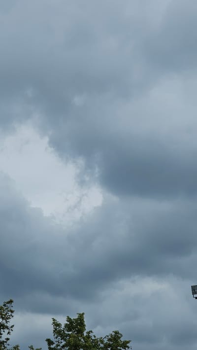 A view looking up at a cloudy sky from ground level in Neu-Ulm, Germany. The clouds are dark and heavy, suggesting an overcast or stormy day. The tops of some trees with green foliage are visible at the bottom of the frame. A portion of a dark, rectangular structure, possibly a light or a sign, is visible in the upper right corner.